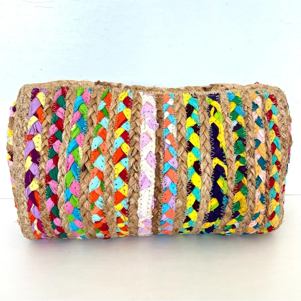 ANTIK KRAFT Beige Woven Jute Raffia Multicolor Braided Strip Fabrics Clutch NWT
